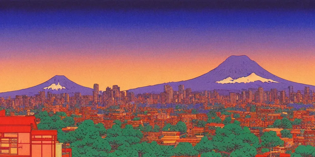 Prompt: skyline of a large metropolis, mount rainier looming in the background, acid and dreaming psychedelic hallucinations, by kawase hasui, moebius and edward hopper, hd, 8 k, artstation, sharp focus, smooth, masterpiece