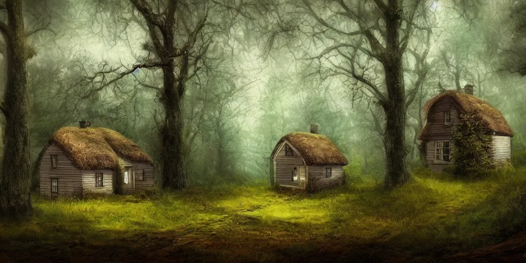 Image similar to a painting of lone cottage in the woods and empty woods, 8k, fantasy, hyper realistic, atmospheric, cinematic