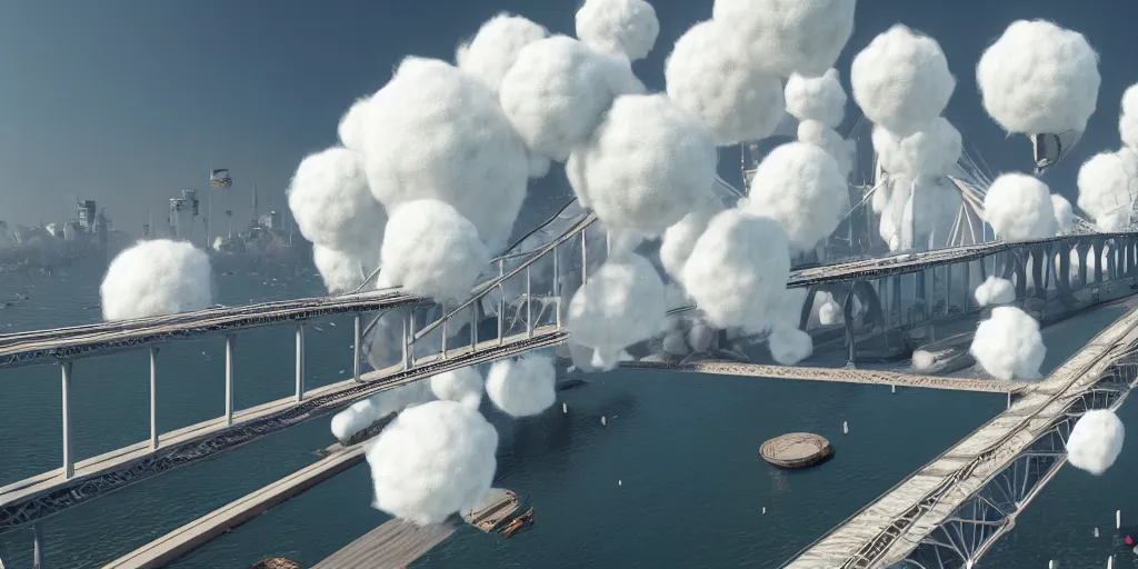 Image similar to explosions in the form of realistic white cotton plants on harbour bridge, huge white cotton everywhere on the destroyed harbour bridge, smooth, sharp focus, highly detailed, 3 d octane render, epic lighting, lots of white cotton, 8 k, by goro fujita