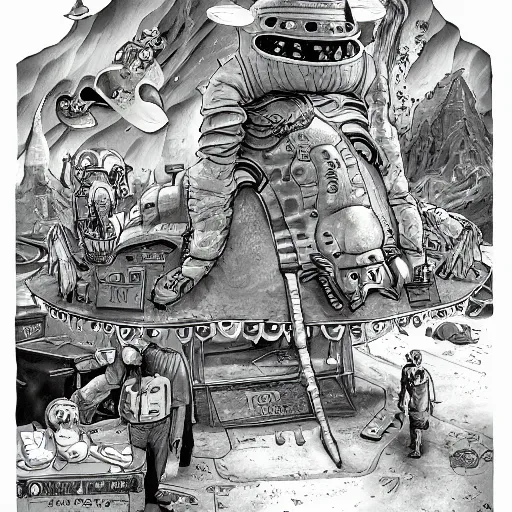 Image similar to extraterrestrial crime bazaar on another planet, Jim Henson creature shop, highly detailed, illustration