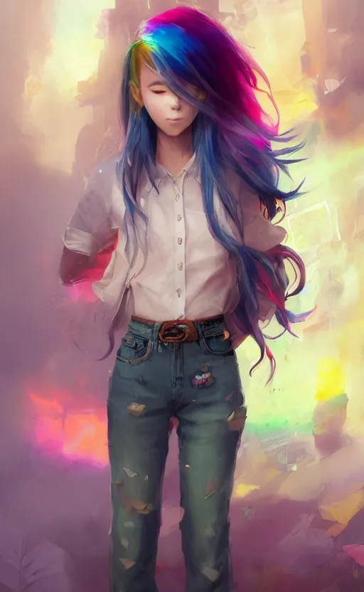 Image similar to a kawaii woman with rainbow hair, soft eyes and narrow chin, dainty figure, long hair straight down, kawaii shirt and jeans, In style of by Jordan Grimmer and greg rutkowski, concept art, highly detailed