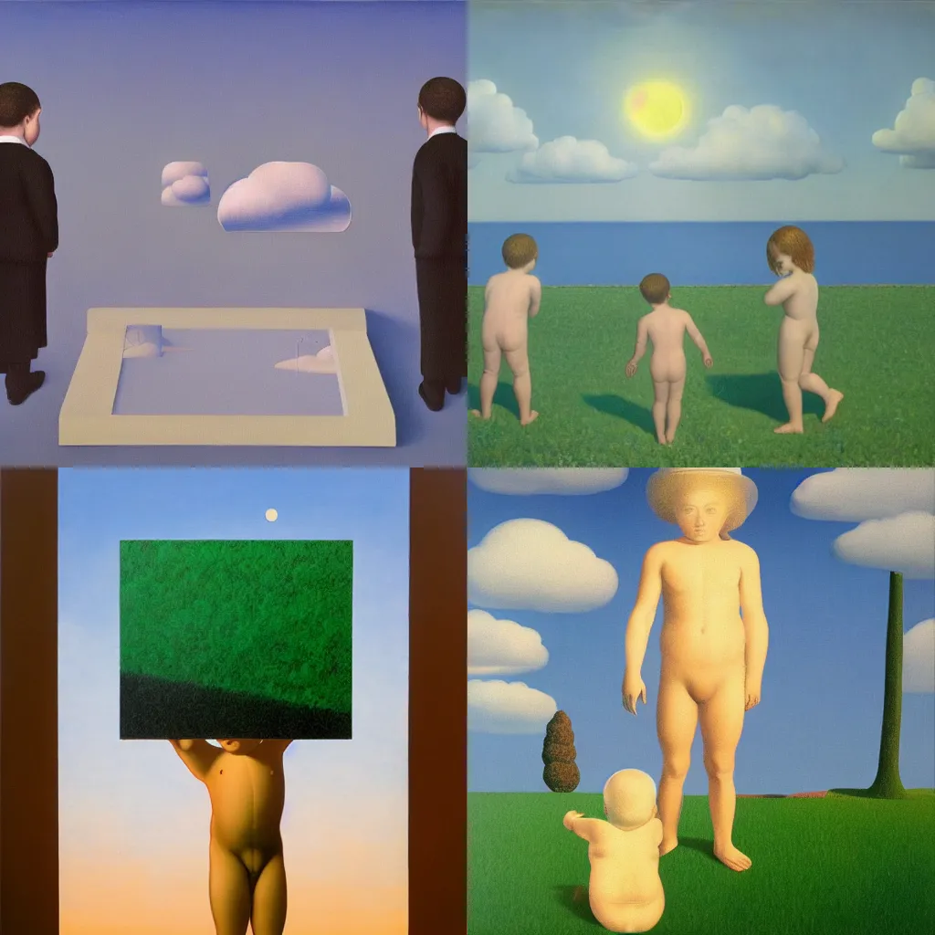 Prompt: Lost Childhood, conceptual philosophical painting by René Magritte, trending on ArtStation, masterpiece, 8K, super-resolution,