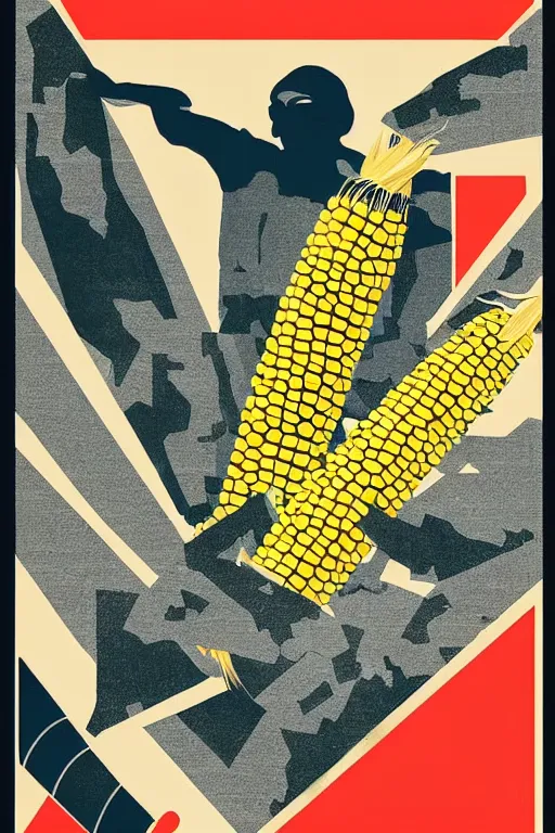 Image similar to sovietwave propaganda poster about the dangers of corn, minimalist, silkscreen, graphic design, russian text