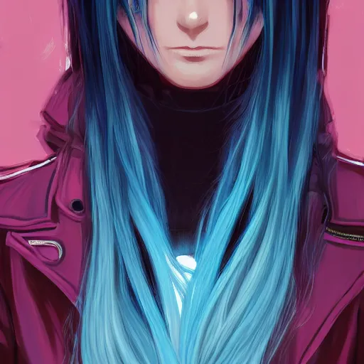 Image similar to full face shot of rimuru tempest, sky blue straight hair, long bangs, with amber eyes, wearing a fancy black jacket, high collar, ultra detailed, brush strokes, digital painting, cinematic, wlop artstation, closeup, pixiv, intense, intimidating glare, photorealistic, overpowering, andy warhol,