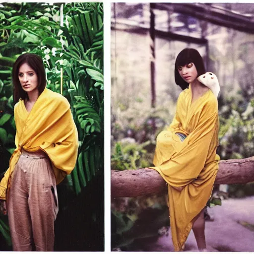 Image similar to head to shoulder portrait Polaroid film photograph of an elegant top model wearing a yellow kimono with a very detailed barn owl on her shoulder!!! in a tropical greenhouse. looking at the camera!!. super resolution. Polaroid 600 film. art by Alessio albi and john william waterhouse and John Singer Sargent and jules lefebres and Cristina Fontsare
