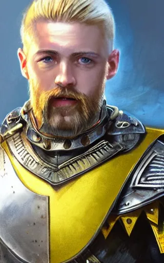 Image similar to highly detailed concept art of a rugged young knight with blonde hair and blue eyes and a short beard wearing a blue shirt over chain mail and steel pauldrons and a yellow cape and leather boots holding a shield and a warpick, concept art by Greg Rutkowski, realistic, masterpiece, ArtStation