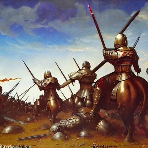 Prompt: a beautiful oil painting of medieval soldiers in shiny armors on a battlefield with pokemons, by Frank Frazetta