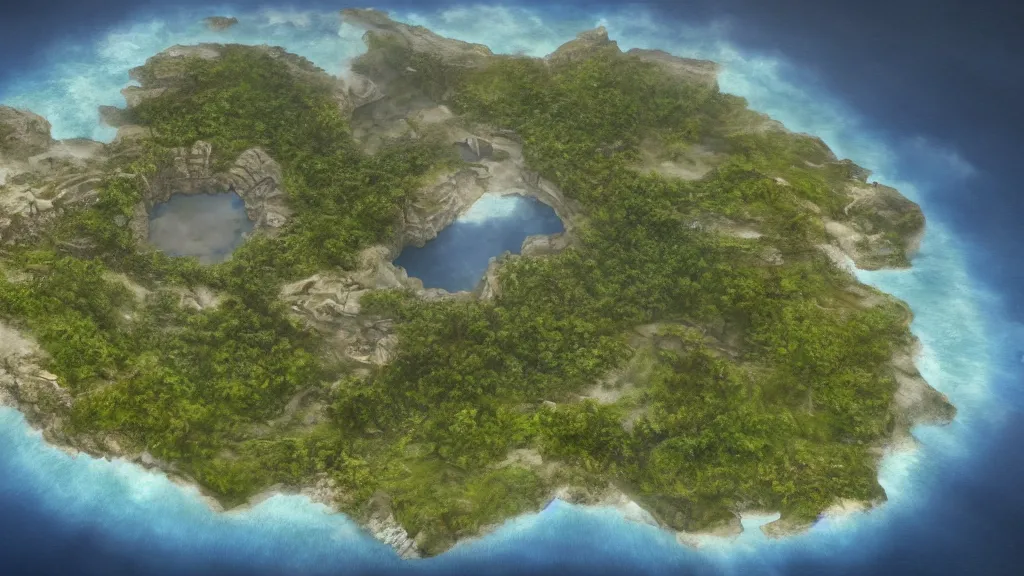 Image similar to Long forgotten island that once hosted a great civilization now gone, Tropical Island, matte painting, concept art, top down view