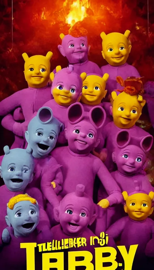 Prompt: movie poster for a movie about teletubbies in hell