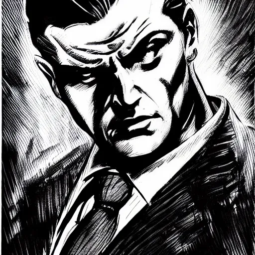 Prompt: a mafia boss with slicked back hair, in a cyberpunk setting, comic book art, art by stan lee, pen drawing, inked, black and white, dark, moody, dramatic, deep shadows, marvel comics, dc comics