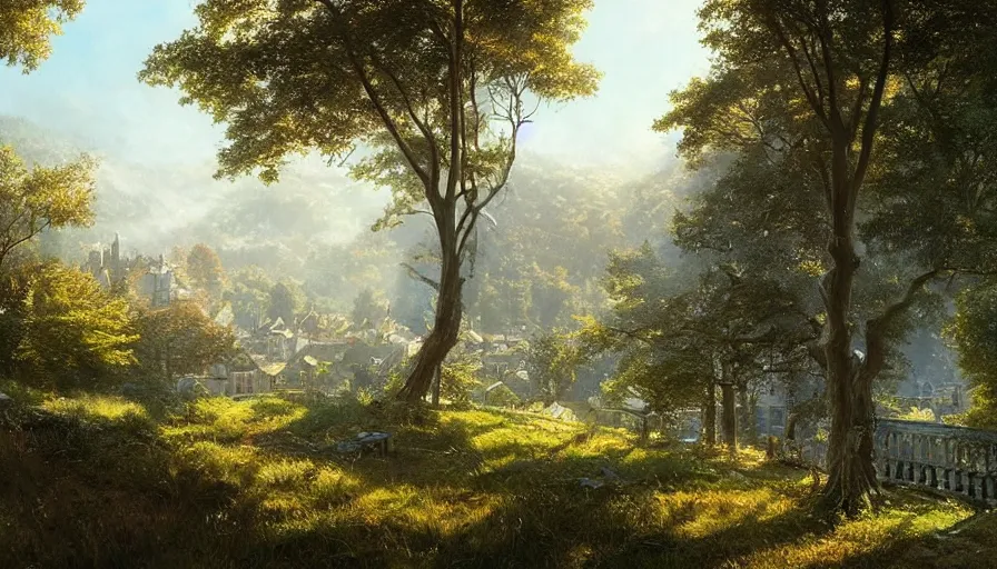 Prompt: view from a victorian manor house balcony overlooking a forest valley, highly detailed, architecture, sunny, blue sky, cinematic lighting, highly angle, godrays, volumetric, digital art painting by greg rutkowski