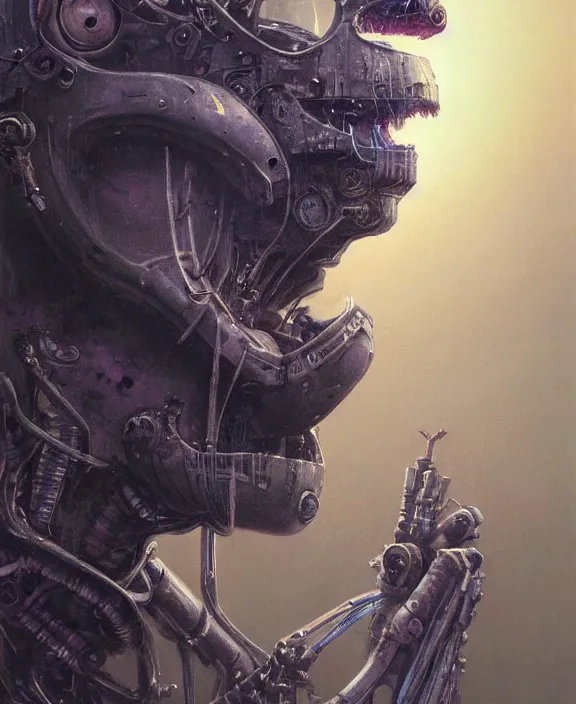 Image similar to a portrait of a cyborg waluigi from smash bros, by hr giger and beksinski and stephan martiniere, trending on artstation, 4 k resolution, detailed, high quality, hq artwork