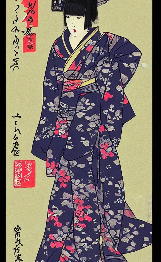 Prompt: by akio watanabe, manga art, female artist walking in kyoto street, kimono, trading card front