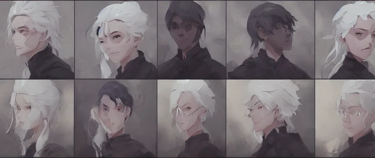 Prompt: character face study, multiple angles, directions and moods. faces only, girl with white hair, concept art finely detailed perfect art, painted by greg rutkowski makoto shinkai takashi takeuchi studio ghibli, pinterest, cevagraf comics
