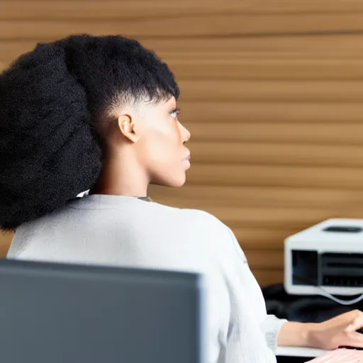 Prompt: black cable plugged in, back of head, woman, computer