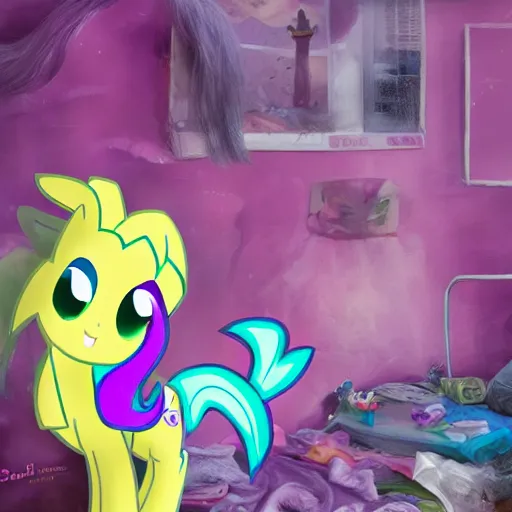 Image similar to hazmat team removes crusty stained sock from messy bedroom with my little pony posters on wall, digital art, cosmic, 3 d high definition, trending on artstation, photorealistic, high resolution, vray, 8 k, octane, trending on, hdr, hyper detailed, insane details, intricate, elite, ornate, elegant, unreal engine