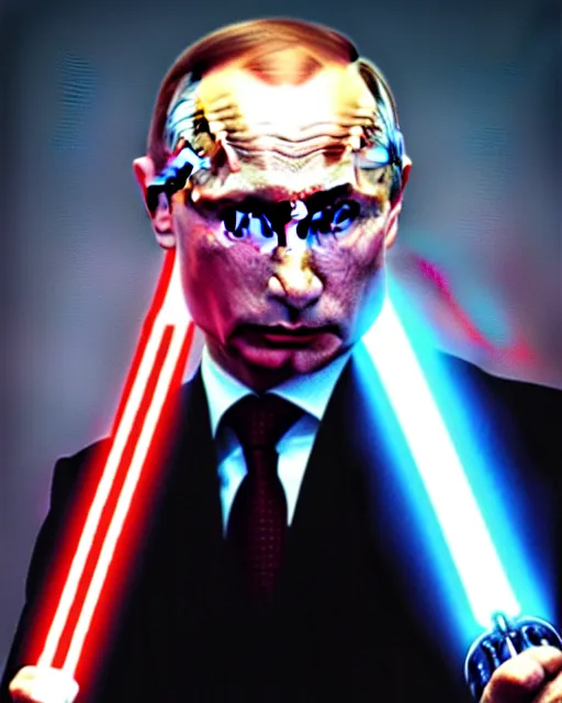 Prompt: “ vladimir putin as a sith lord holding a lightsaber, highly detailed, award winning ”