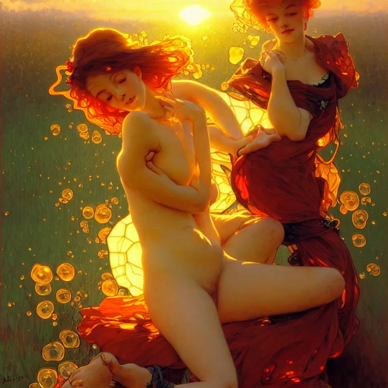 Image similar to glossy liquid honey drops resting on the petals, backlit, sunset, refracted lighting, art by collier, albert aublet, krenz cushart, artem demura, alphonse mucha