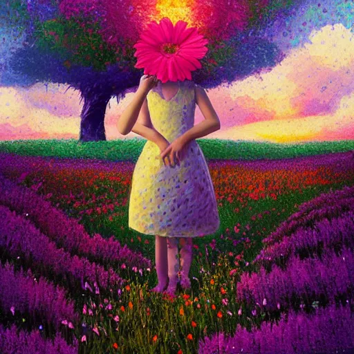 Image similar to girl with giant flower as a face and flower dress, standing in a flower field hills, big trees, sunrise dramatic light, impressionist painting, colorful clouds, digital painting, pointillism, artstation, simon stalenhag