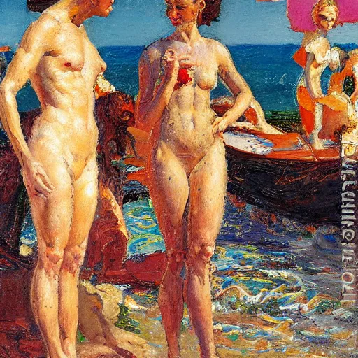 Image similar to rich and indulgent oil paint impasto reliefs, happy italian beach scene, an artwork by charles w. bartlett and jackson pollack and colin campbell cooper