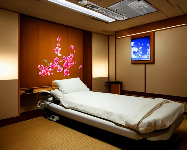 Prompt: The zen environment of the hospital room of the five star hotel located in the Kyoto spaceship, with calming bright lights and a welcoming Japanese rose pattern on the wall and a breathtaking wooden floor; a doctor and her patient look at a computer screen showing medical graphs