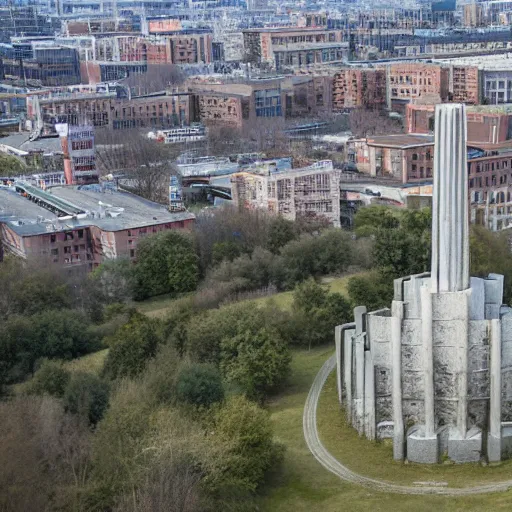 Image similar to aerial view of brutalist extensive monument ricardo bofill ( ( ( ( ( park ) ) ) ) ) spomenik with ( ( railings ) ) photo, 4 k