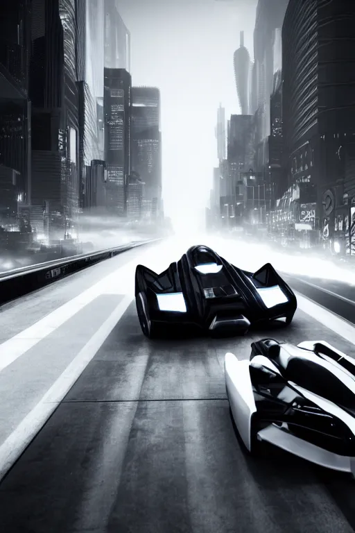 Image similar to the batmobile driving through a futuristic city. fluorescent light. pov from behind the wheel. octane render. 8 k. monochrome. black and white. mist. atmospheric. cinematic.