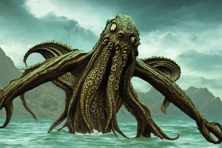 Image similar to giant Cthulhu with a parrot head, high definition, photorealistic, long shot, epic, horizon mountain over water