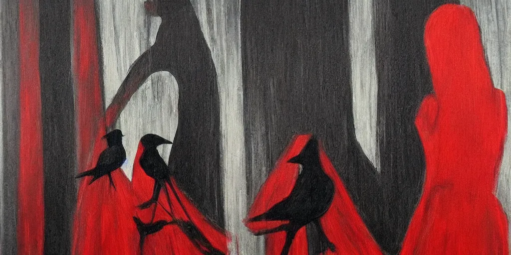 Image similar to painting, very dark, woman in a red dress, faceless, crows