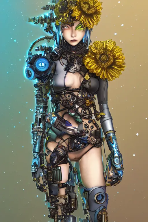 Prompt: full body head to toe portrait of a flowerpunk sci-fi cyborg ninja, third person, D&D, sci-fi fantasy, intricate, blue and gold, daisy and rose and peony, highly detailed, art by Range Murata, highly detailed, 3d, octane render, bright colors, digital painting, trending on artstation, sharp focus, illustration style of Stanley Artgerm, dramatic background