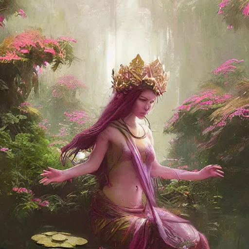 Image similar to Lotus floral crown girl, pink Lotus queen, epic fantasy style art by Craig Mullins, fantasy epic digital art, epic fantasy art by Greg Rutkowski