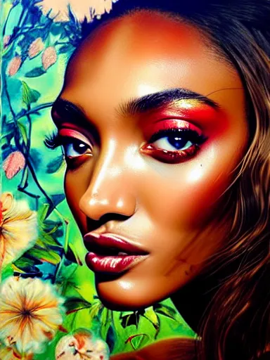 Image similar to portrait of jourdan dunn with a floral background : : painted by artgerm, karol bak, artur bordalo, sandra chevrier : : portrait, character, illustration, hyperrealism, photorealism