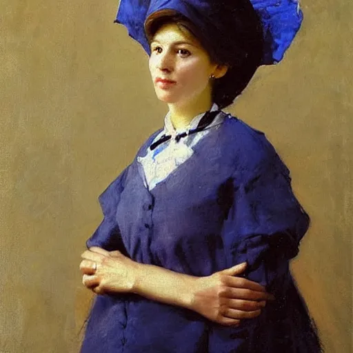 Image similar to Portrait of a stern looking affluent woman, photorealistic, general facial details, wearing a blue bonnet, by Ilya Repin