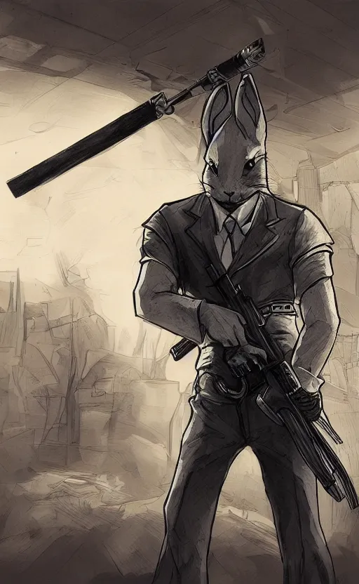 Image similar to rabbit as a hitman, dynamic lighting, fantasy concept art, trending on art station, stunning visuals, creative, cinematic, ultra detailed, comic strip style