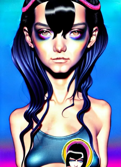 Image similar to richly detailed colored pencil 3D illustration of a beautiful woman with silky straight black hair with iridescence wearing a Nirvana band Tshirt and short black shorts, she staring at the camera happily while being wrapped by slimy wet tentacles, art by Range Murata and Artgerm.