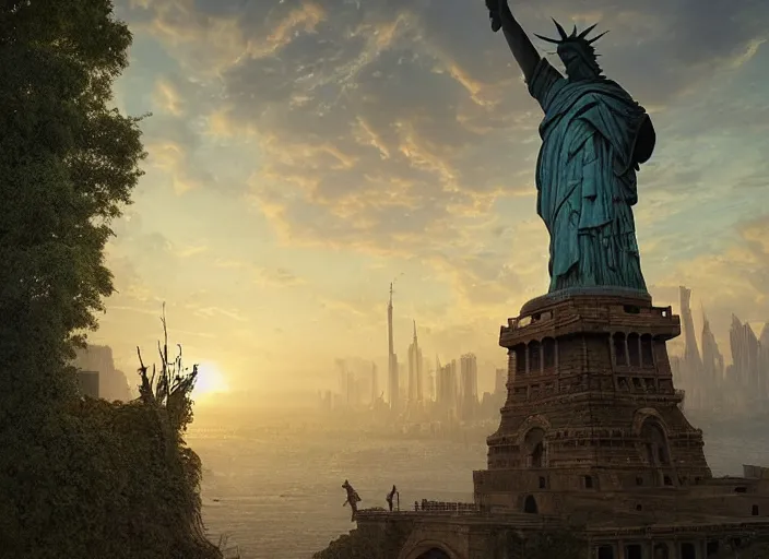 Prompt: highly detailed digital matte painting of a beautiful abandoned, overgrown, damaged Lady Liberty statue by Raphael LaCoste and Ruan Jia and Robert McCall, postcyberpunk, hyperdetailed, sunrise, wide shot, autochrome, octane render