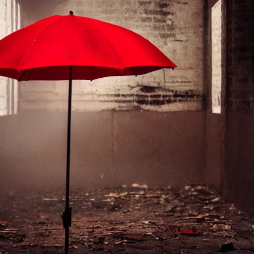 Prompt: abandoned places with a red umbrella, cinematic light,