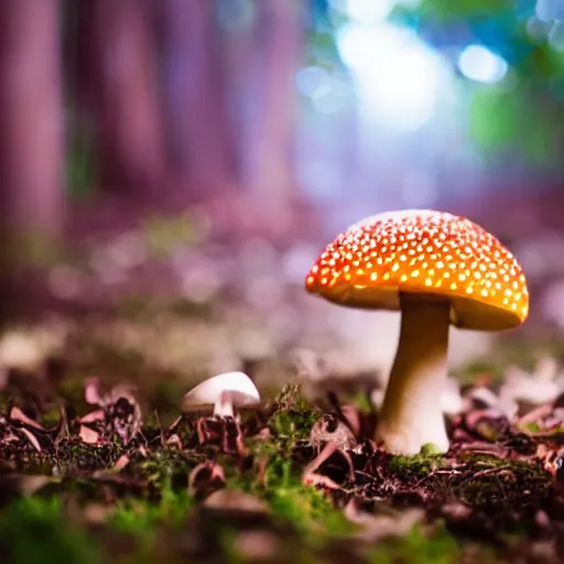 Prompt: macro photo of luminous fairy mushroom in magic forest