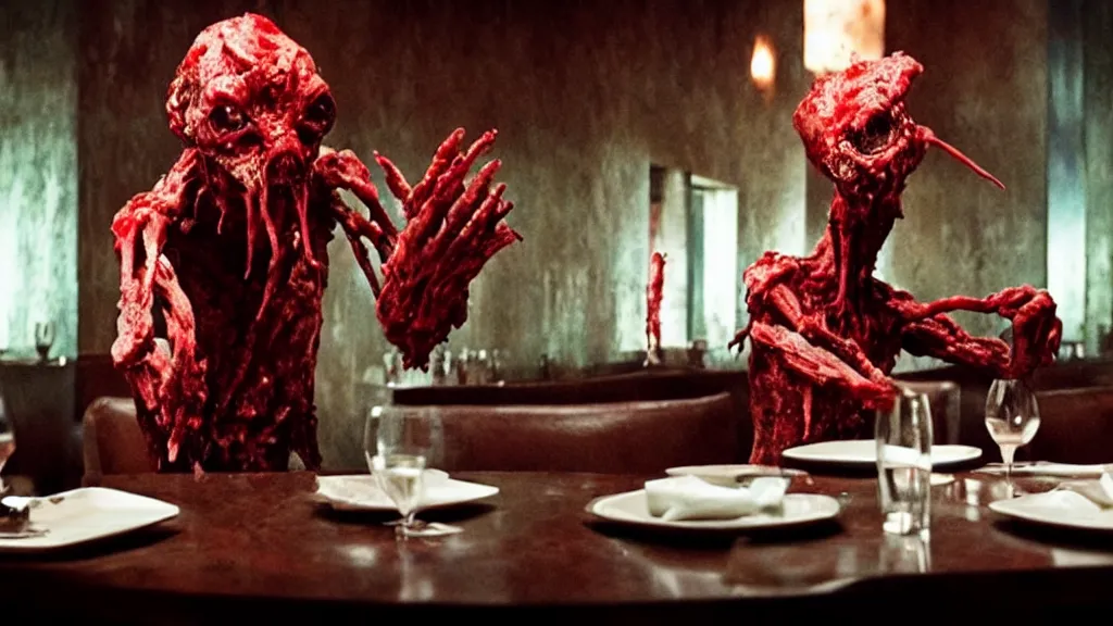 Image similar to the strange creature in a restaurant, made of blood and water, film still from the movie directed by Denis Villeneuve with art direction by Salvador Dalí,