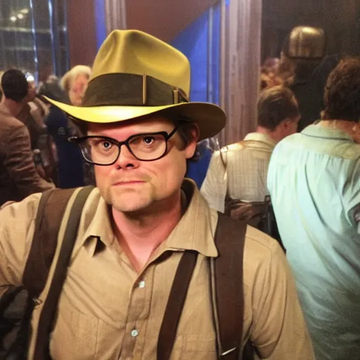 Prompt: dwight schrute ( the office, rainn wilson ) cosplaying as indiana jones, dragoncon, flash photography, photorealistic