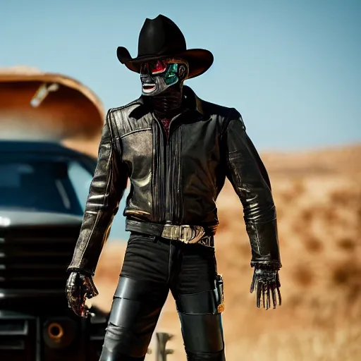 Image similar to a terminator android dressed as a cowboy, 8 k, movie still, high detail