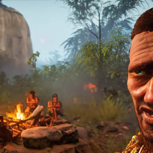 Prompt: man with peyote tea at jungle campfire full moon in the style of far cry primal, symmetrical detailed face 8 k