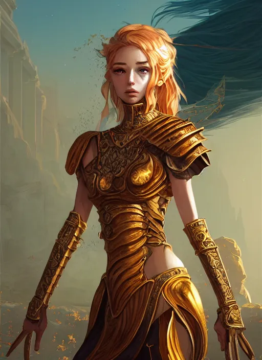 Image similar to portrait knights of zodiac girl, golden and copper shining armor, in ruined agora of athens sunrise, ssci - fi and fantasy, intricate and very very beautiful and elegant, highly detailed, digital painting, artstation, concept art, smooth and sharp focus, illustration, art by ilya kuvshinov and tian zi and wlop and z - - ed