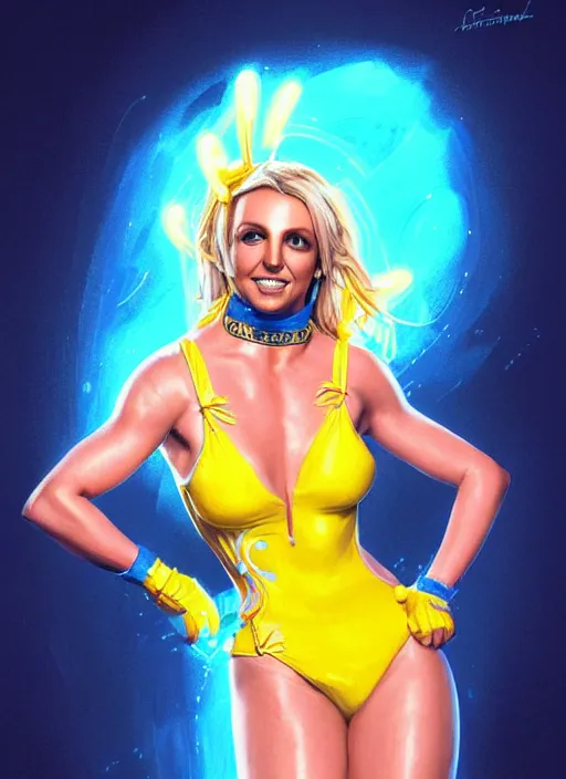 Image similar to britney spears in blue and yellow cat costume, intricate, elegant, glowing lights, highly detailed, digital painting, artstation, glamor pose, concept art, smooth, sharp focus, illustration, art by artgerm and greg rutkowski, artey freytag