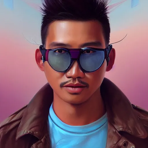 Image similar to very detailed masterpiece closeup painting of a very handsome young indonesian with small mustache cyberpunk man with light blue shutter shades, one side haircut, brown hair with light blue ends, purple leather jacket, beauty mark on cheek, portrait, synthwave background, artstation, concept art by greg rutkowski