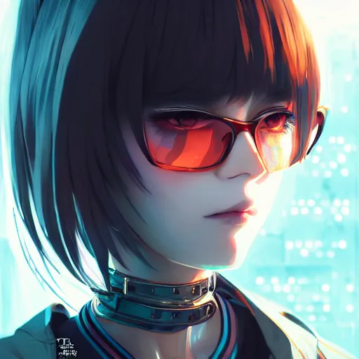 Image similar to by kyoto animation, cool girl wearing cyberpunk intricate streetwear, beautiful, detailed symmetrical close up portrait, intricate complexity, in the style of artgerm and ilya kuvshinov, cell shaded, 4 k, concept art, by wlop, krenz cushart, greg rutkowski, pixiv. cinematic dramatic atmosphere, cinematic lighting, studio quality