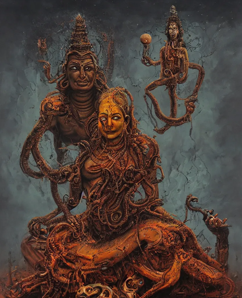 Image similar to One many-armed Shiva. Against the backdrop of a nuclear explosion. Dark colors, high detail, hyperrealism, horror art, masterpiece, close-up, zoom, concept art, octane render, biopunk, body-horror, ceremonial portrait, representative portrait, solo, macrophoto, art by Greg Broadmore, Esao Andrews, Beksinski