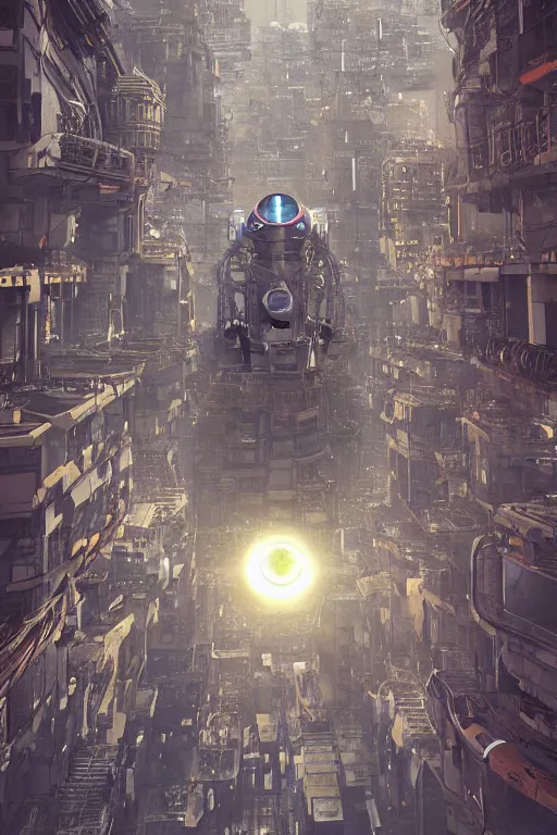 Prompt: biomechanical robot eye looking down at a desolate metropolis, fantasy, volumetric lighting, professional illustration by filip hodas