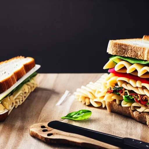 Prompt: a photo of a sandwich of pasta, professional, studio, 4 k