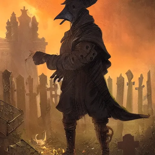 Image similar to a plague doctor with techno armor a bengal cat and an orange tabby cat in a graveyard, scary, spooky, cool, by greg rutkowski